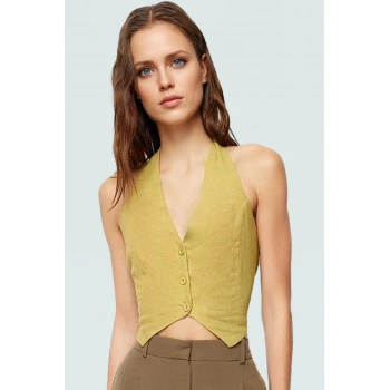 Boyundan Bağlamalı Keten Karışımlı Dokuma Bluz Regular Kalıp Günlük Kullanım İçin Zarifane Tasarım