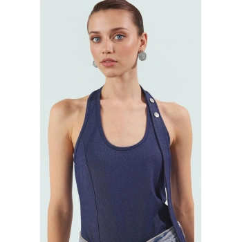 Boyundan Bağlamalı Kolsuz Fitted Bluz Pamuklu Polyester Elastan Casual Yazlık Şık Görünüm