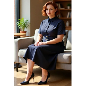 Büyük Beden Kadın Düz Desen Gömlek Elbise Standart Kol Yaka Kemerli Midi Boy Kaliteli