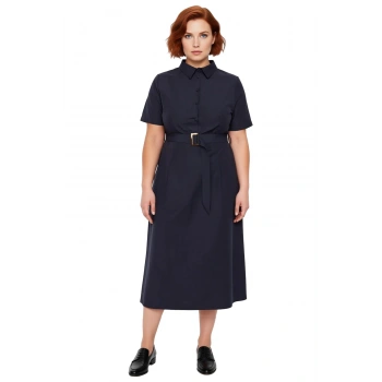 Büyük Beden Kadın Düz Desen Gömlek Elbise Standart Kol Yaka Kemerli Midi Boy Kaliteli