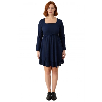Büyük Beden Kadın Kare Yaka Düz Lacivert Mini Elbise Örme Kumaş Uzun Kol Kış Modası Kaliteli