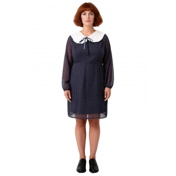 Büyük Beden Kadınlara Özel Puantiyeli Bebe Yaka Uzun Balon Kollu Şifon Mini Dokuma Elbise Kaliteli