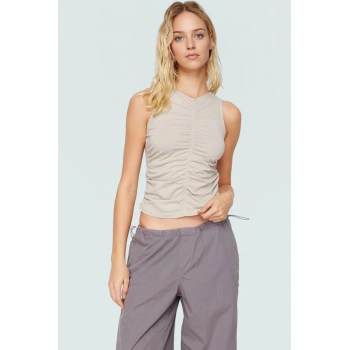 Büzgü Detaylı Kadın Crop Bluz Likralı Penye Bisiklet Yaka Rahat Günlük Kullanım Dayanıklı Malzeme