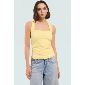 Büzgülü Örme Bluz Rahat Şık Fitted Kalıp Kare Yaka Modern Stil Görünüm