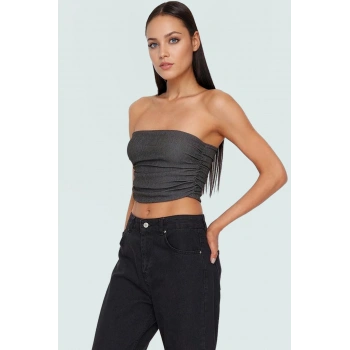 Büzgülü Örme Straplez Bluz Crop Fitted Rahat Yazlık Uzun Ömürlü Ve Şık