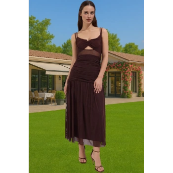 Büzgülü Tül Midi Abiye Elbise A Line V Yaka Örme Yazlık Şık Görünüm Özenle Seçilmiş Rahat Ve Şık