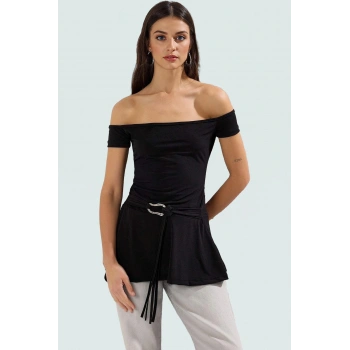 Carmen Yaka Kemerli Uzun Örme Bluz Rahat Günlük Yazlık Konforlu Kesim Zarifane Tasarım