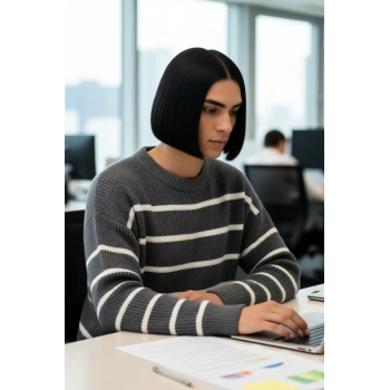 Casual Erkek Kalın Triko Dokulu Bisiklet Yaka Çizgili Oversize Selanik Kışlık Kazak Modeli