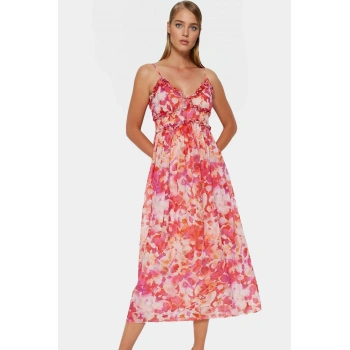 Çiçek Desenli A Kesim Maxi Elbise Şifon Kumaş V Yaka Astarlı Rahat Ve Şık Trend Tasarım