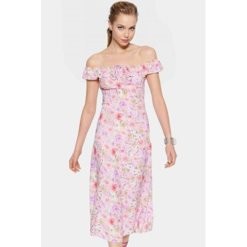 Çiçek Desenli A Kesim Midi Elbise Shally Dokuma Yazlık Rahat Ve Şık Özenle Seçilmiş