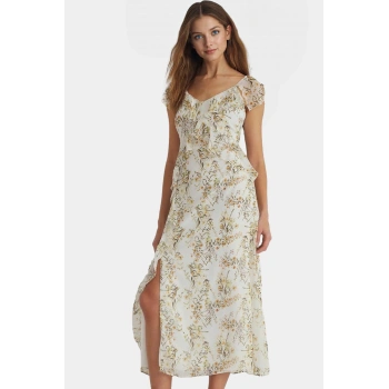 Çiçek Desenli A line Maxi Elbise Şifon Kumaş Rahat Kalıp Yazlık Modern Stil Özel Tasarım