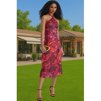 Çiçek Desenli A line Midi Abiye Elbise Halter Yaka Saten Dokuma Zarifane Tasarım Rahat Kullanım