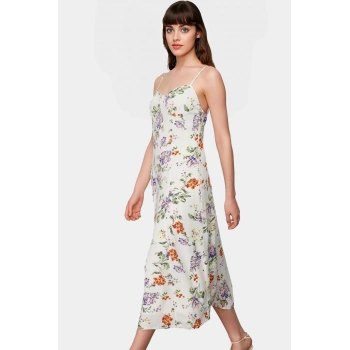Çiçek Desenli A line Midi Elbise %Polyester Yazlık Rahat Zarifane Tasarım