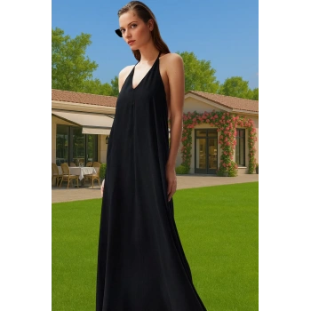 Çiçek Desenli A line Shally Viskoz Maxi Elbise Sırt Dekolteli Dayanıklı Malzeme Seçkin Malzeme