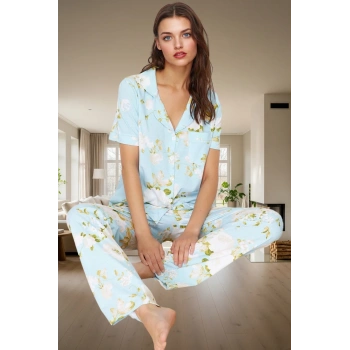 Çiçek Desenli Pamuk Pijama Takımı Regular Kalıp Boru Paça Evde Rahatlık Rahat Kullanım