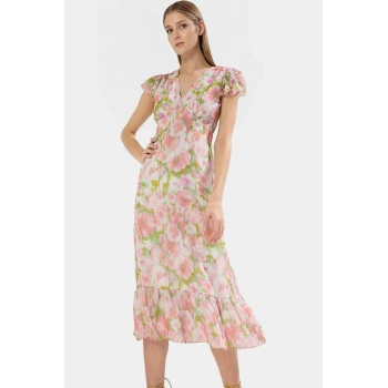 Çiçek Desenli Polyester Şifon Elbise A Kesim Midi Boy Rahat Ve Şık Uzun Ömürlü Özenle Seçilmiş