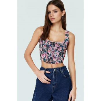 Çiçek Desenli Tül Örme Bluz Fitted Vücut Asimetrik Uzun Ömürlü Kaliteli İşçilik