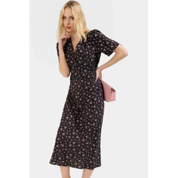 Çiçekli A Kesim Midi Elbise Polyester Dokuma Yazlık Günlük Zarifane Tasarım Seçkin Malzeme