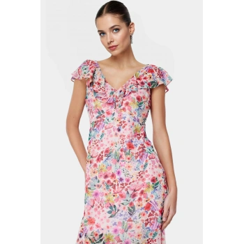 Çiçekli Astarlı Şifon Maxi Elbise Rahat A Kesim ve Kısa Kollar Zarifane Tasarım Özel