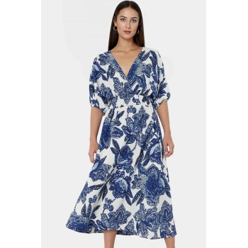 Çiçekli Desenli A Kesim Midi Dokuma Elbise Rahat Yazlık Günlük Stil Zarifane Tasarım Mükemmel Uyum