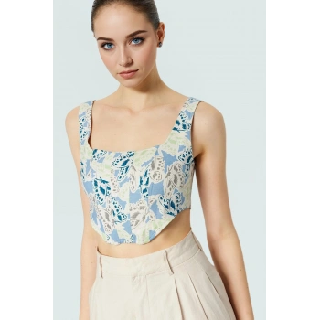 Çiçekli Desenli Crop Bluz Fitted Kalıp Dokuma Kumaş Yazlık Şık Görünüm