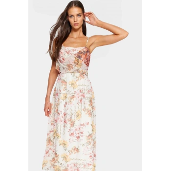 Çiçekli Desenli Maxi Şifon Elbise Astarlı Kare Yaka Yazlık Profesyonel Görünüm Rahat Ve Şık