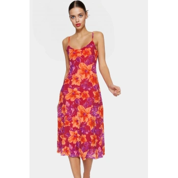 Çiçekli Desenli Midi A line Tül Elbise İnce Askılı Yazlık Günlük Premium Kalite Dayanıklı Malzeme