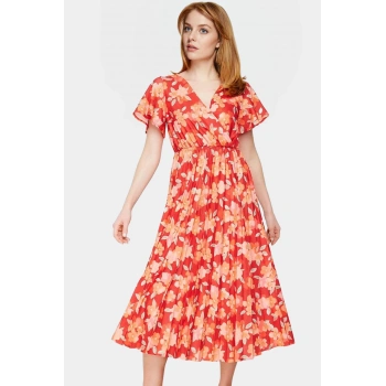 Çiçekli Desenli Midi Boy Piliseli Elbise 95% Polyester Rahat Günlük Stil Yüksek Kalite