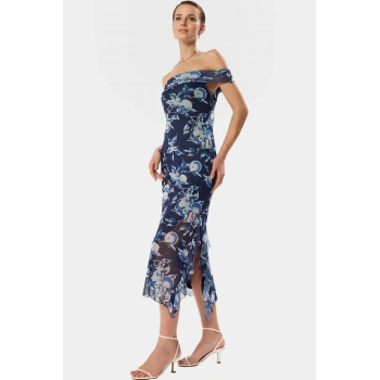 Çiçekli Desenli Midi Boy Tül Elbise Şık Bodycon Kalıp Rahat Polyester Kumaş Görünüm