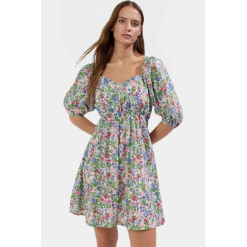 Çiçekli Desenli Mini Elbise Hafif Dokuma Polyester Yazlık Günlük Yüksek Kalite Trend Tasarım