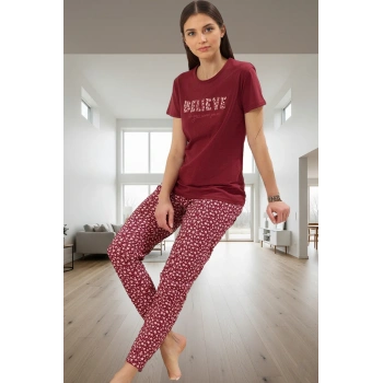 Çiçekli Desenli Pamuklu Pijama Takımı Regular Kalıp Ev Giyim Yüksek Kalite Şık Görünüm