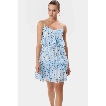 Çiçekli Desenli Şifon Mini Elbise V Yaka Kısa Boy Fırfırlı Özel Tasarım Modern Stil