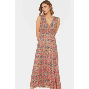 Çiçekli Desenli V Yaka Maxi Elbise Örme Polyester Yazlık Günlük Kullanım İçin Rahat