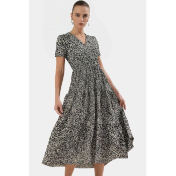 Çiçekli Midi Elbise Örme Kumaş Skater Kalıp Rahat Günlük Kullanım Özel Tasarım