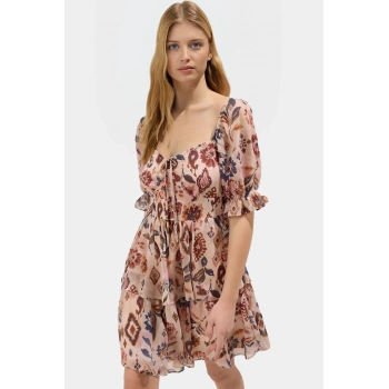 Çiçekli Mini Elbise Astarlı Kısa Kol Dokuma Yazlık Özenle Seçilmiş Mükemmel Uyum