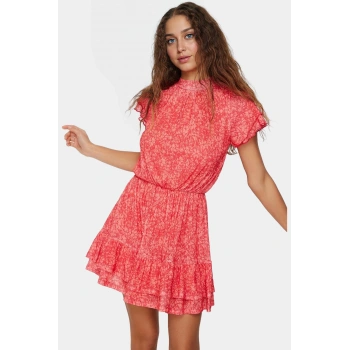 Çiçekli Mini Elbise Astarlı Kısa Kollu Dik Yaka Polyester Yazlık Dayanıklı Malzeme