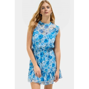 Çiçekli Mini Elbise Dokuma Polyester Yazlık Gündüz Elbisesi Rahat Kullanım