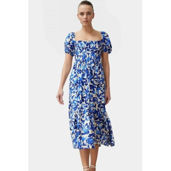 Çiçekli Skater Midi Elbise Viskoz Kumaş Rahat Günlük Yazlık Kullanım İçin