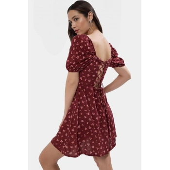 Çiçekli Viskoz Mini Elbise Skater Kalıp Kısa Kollu Gipeli Yazlık Premium Kalite