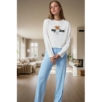 Çizgili Ayıcıklı Kadın Pijama Takımı %100 Pamuk Rahat ve Şık Yüksek Kalite Seçkin Malzeme
