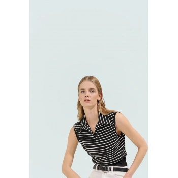 Çizgili Fitted Polo Yaka Yazlık Bluz Rahat Günlük Seçkin Malzeme Premium Kalite