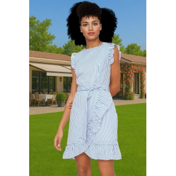 Çizgili Mini Poplin Elbise A line Bel Kuşağı Yazlık Günlük Rahat Kullanım Özenle Seçilmiş