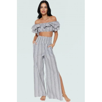 Çizgili Pamuklu Bluz Pantolon Takım Plaj ve Günlük Stil Konforlu Kesim Rahat Şık
