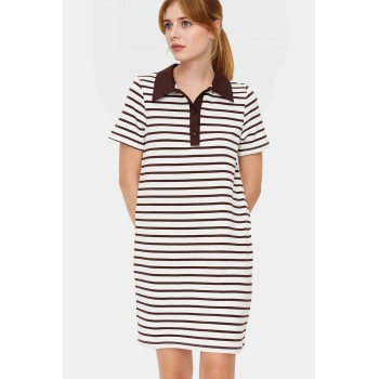 Çizgili Viskoz Karışımlı Polo Yaka Kısa Kollu A Kesim Elbise Özel Tasarım Zarifane