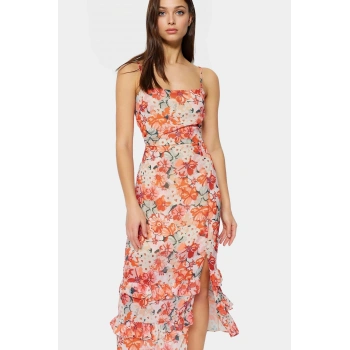 Çok Çiçek Desenli A Line Şifon Elbise Yazlık Rahat Midi Boy Özenle Seçilmiş Şık Görünüm