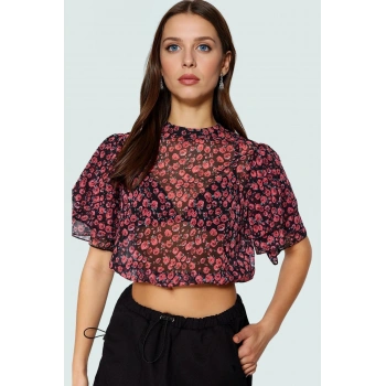 Çok Çiçek Desenli Fitted Şifon Bluz Kısa Kol Bisiklet Yaka Yazlık Rahat Ve Şık