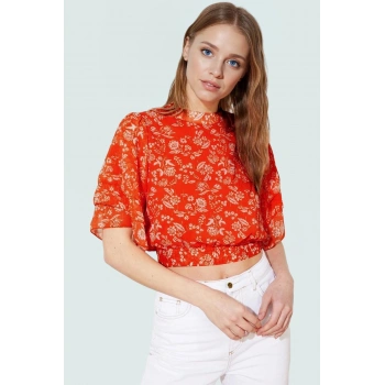 Çok Çiçekli Desenli Şifon Bluz Kadın Yazlık Kısa Kol Şık Görünüm Yüksek Kalite