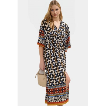 Çok Etnik Desenli Midi Viskoz Elbise A Kesim Truvakar Kol Yazlık Seçkin Malzeme