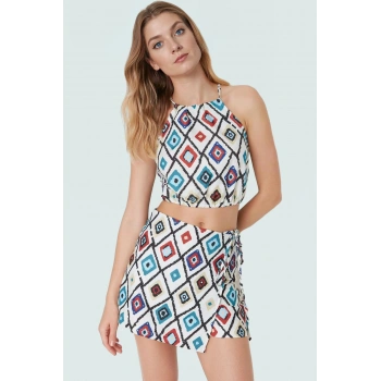 Çok Geometrik Desenli Fitted Halter Yaka Bluz ve Mini Etek Yaz Takımı Modern Stil