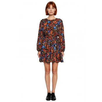 Çok Renkli Çiçekli Kadın Mini Elbise Kuşak Detaylı Uzun Balon Kollu Bisiklet Yaka Skater Kalıp